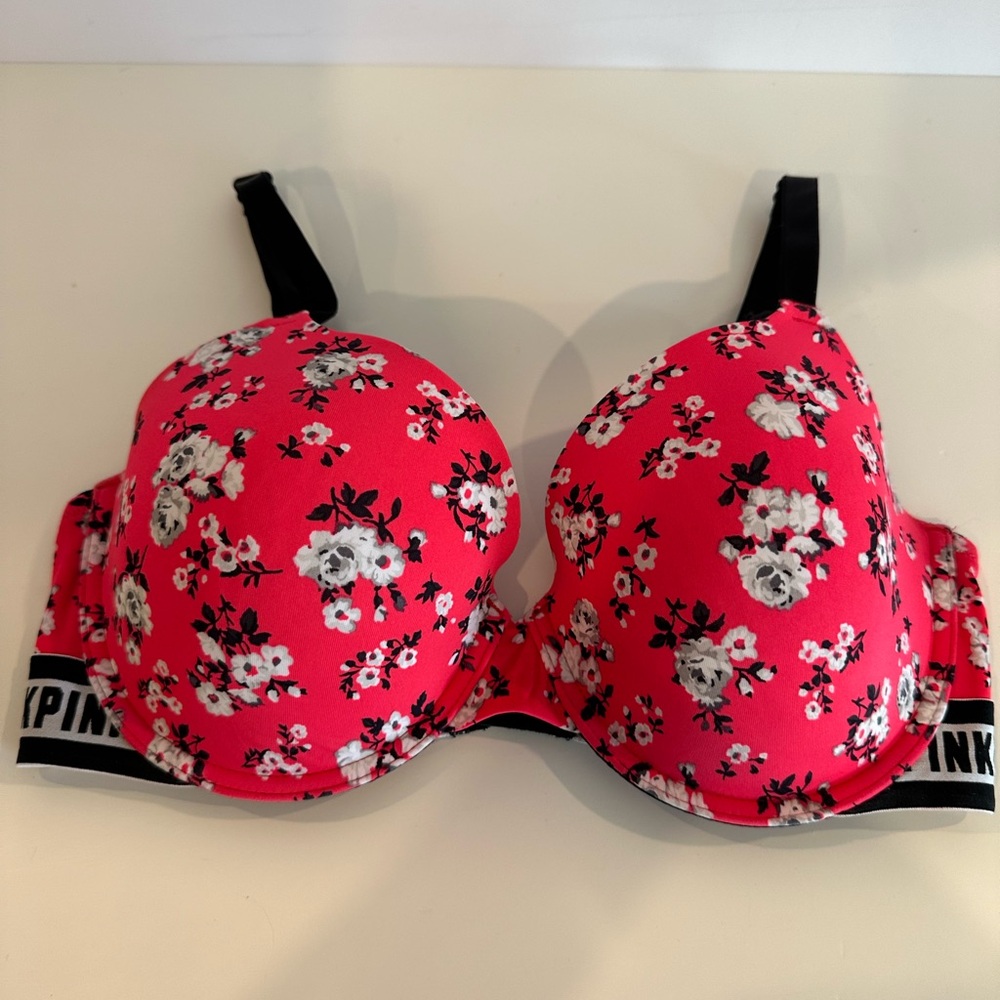 PINK Red Floral Padded Underwire Bra, Size 34DD